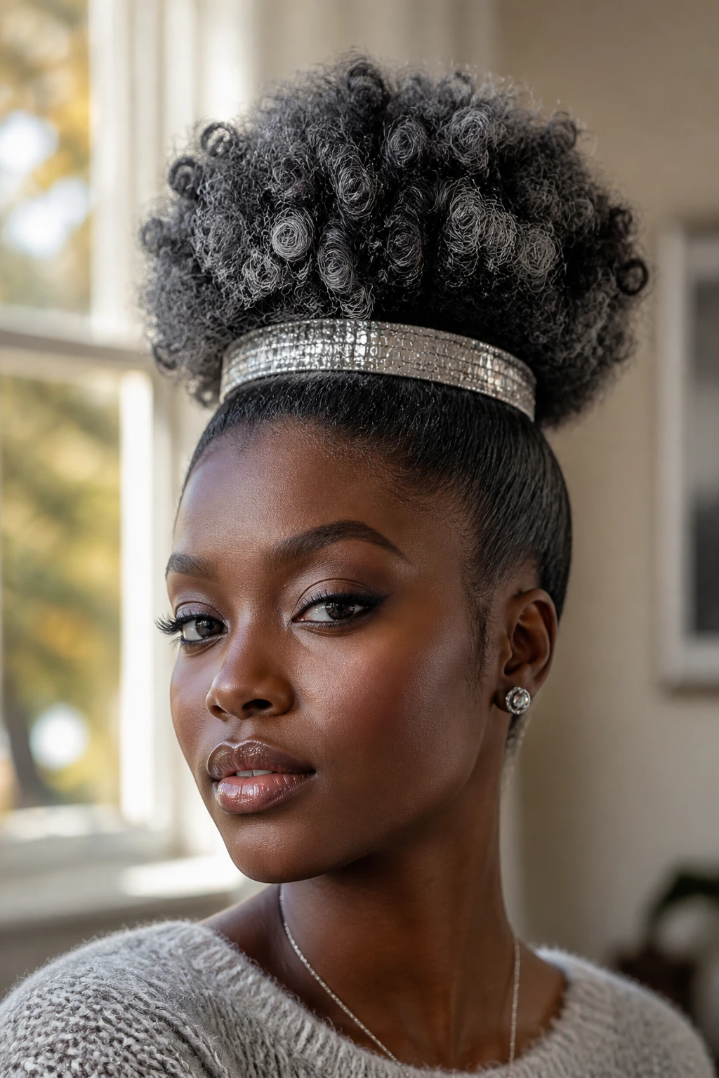 Real person with high puff and silver crown band, close-up.