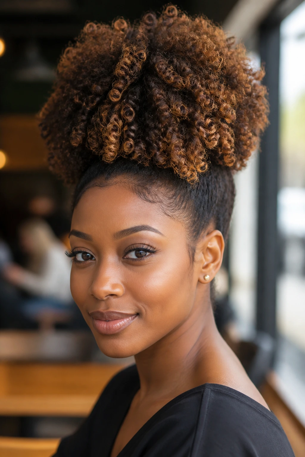 Close-up of a real woman with a high puff and smoky caramel color