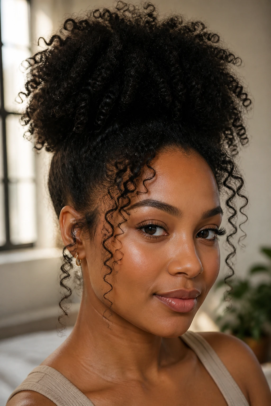 Portrait of a real woman with high puff and soft tendrils around temples
