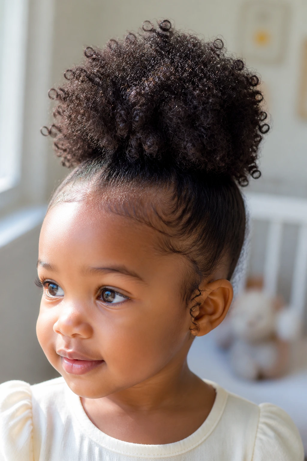 Toddler with high puff hairstyle and soft edges