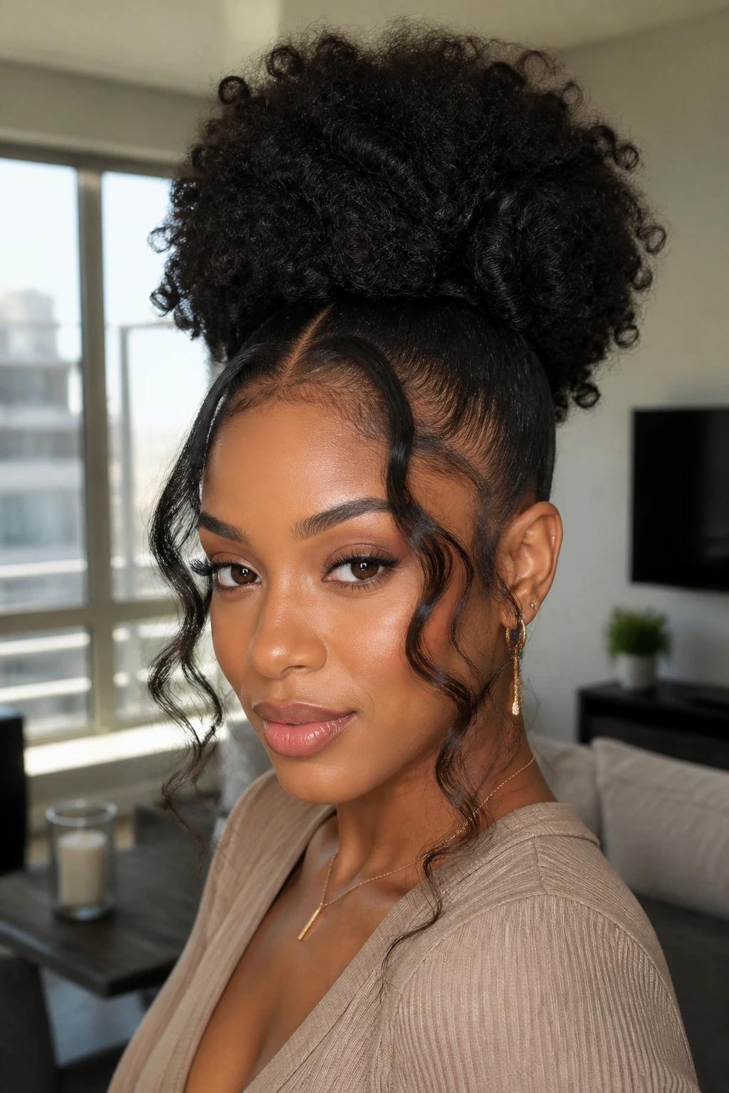 Portrait of a woman with a high puff and waved face pieces near a bright window.