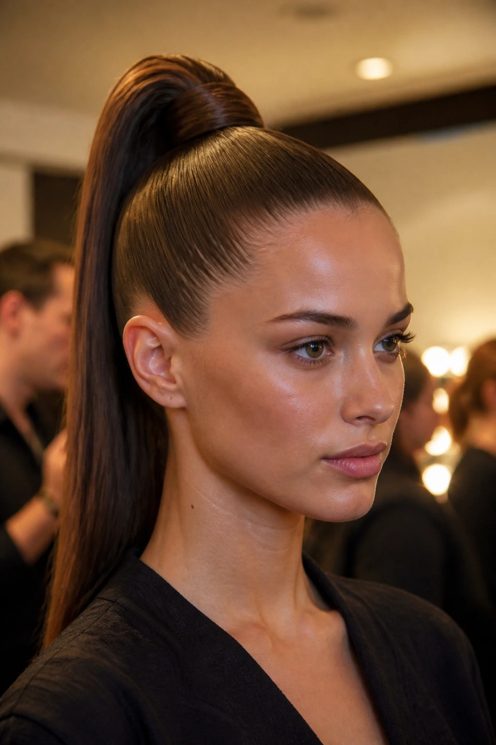 Close-up of a real woman with a high sculpted ponytail and sleek finish