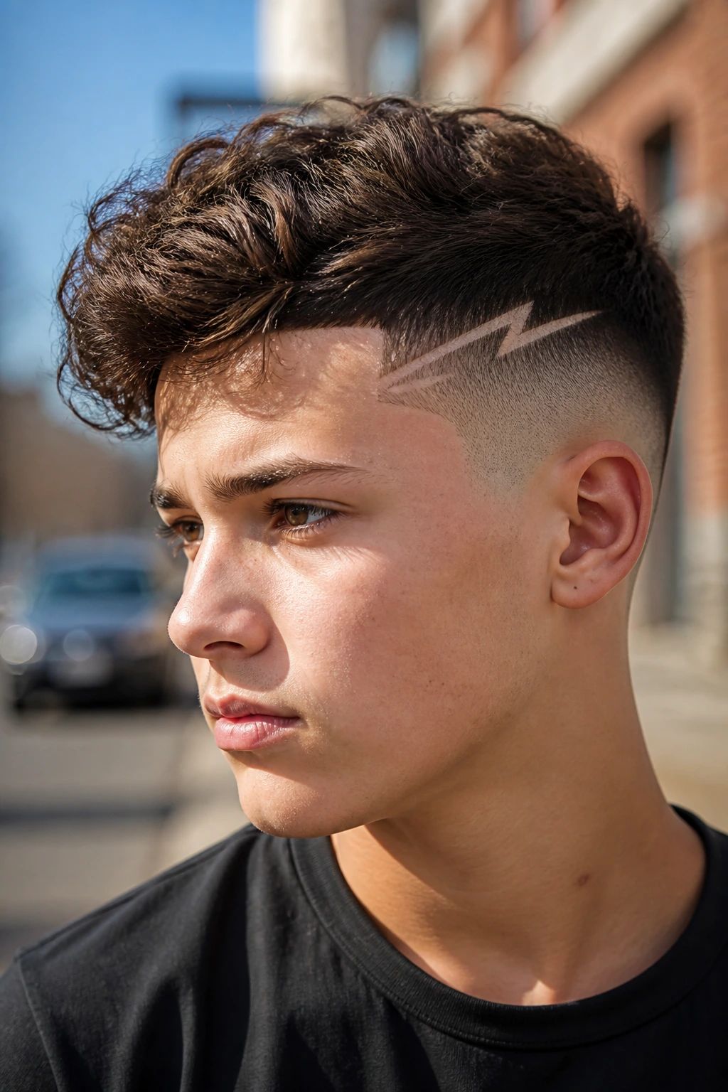 Boy with high skin fade and sharp lightning slash
