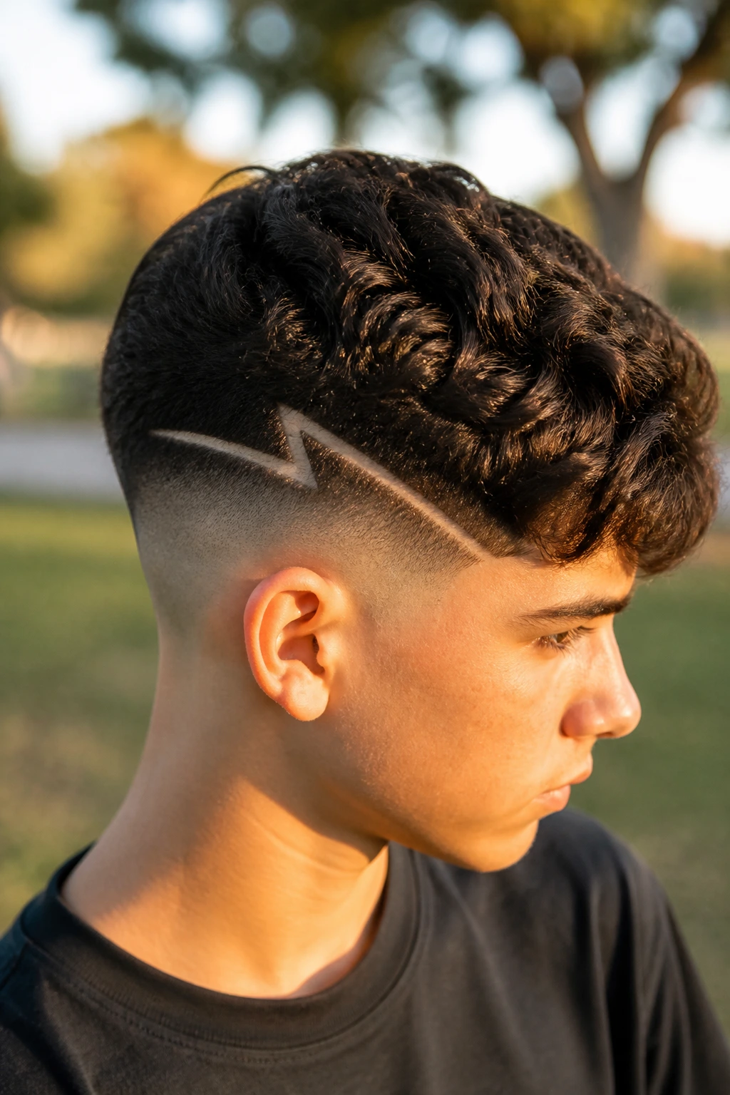 Boy with high taper and crown bolt in wavy hair