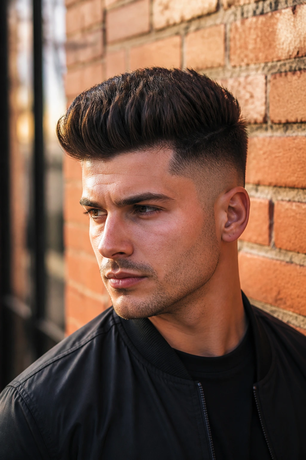 Man with high taper fade and brush up hairstyle.