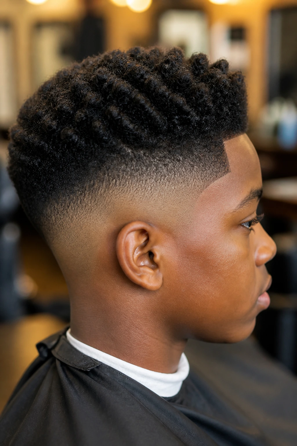 Close-up portrait of a real boy with high taper and sponge-defined texture in barbershop setting