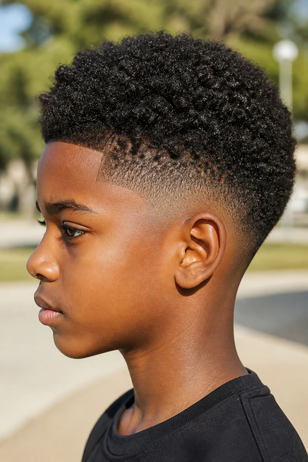 Boy with high taper and tight coil top, portrait
