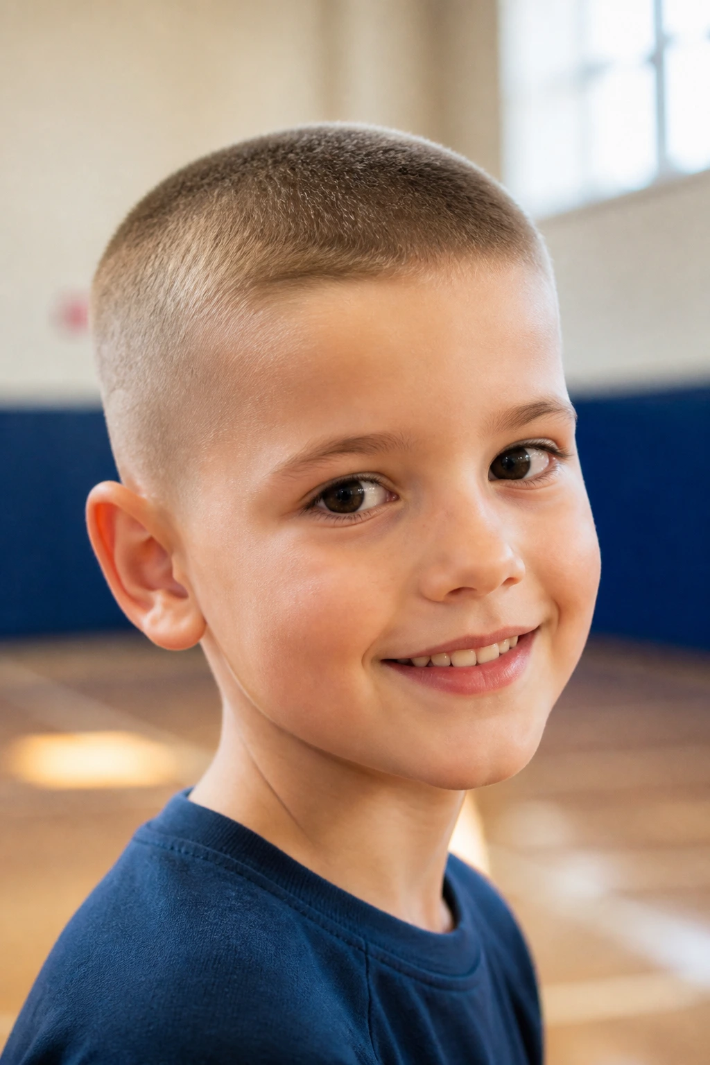 Close-up of boy with high and tight crop haircut