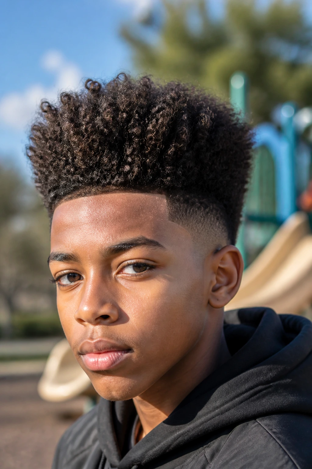 Close-up portrait of a real boy with high-top curls and lifted top.