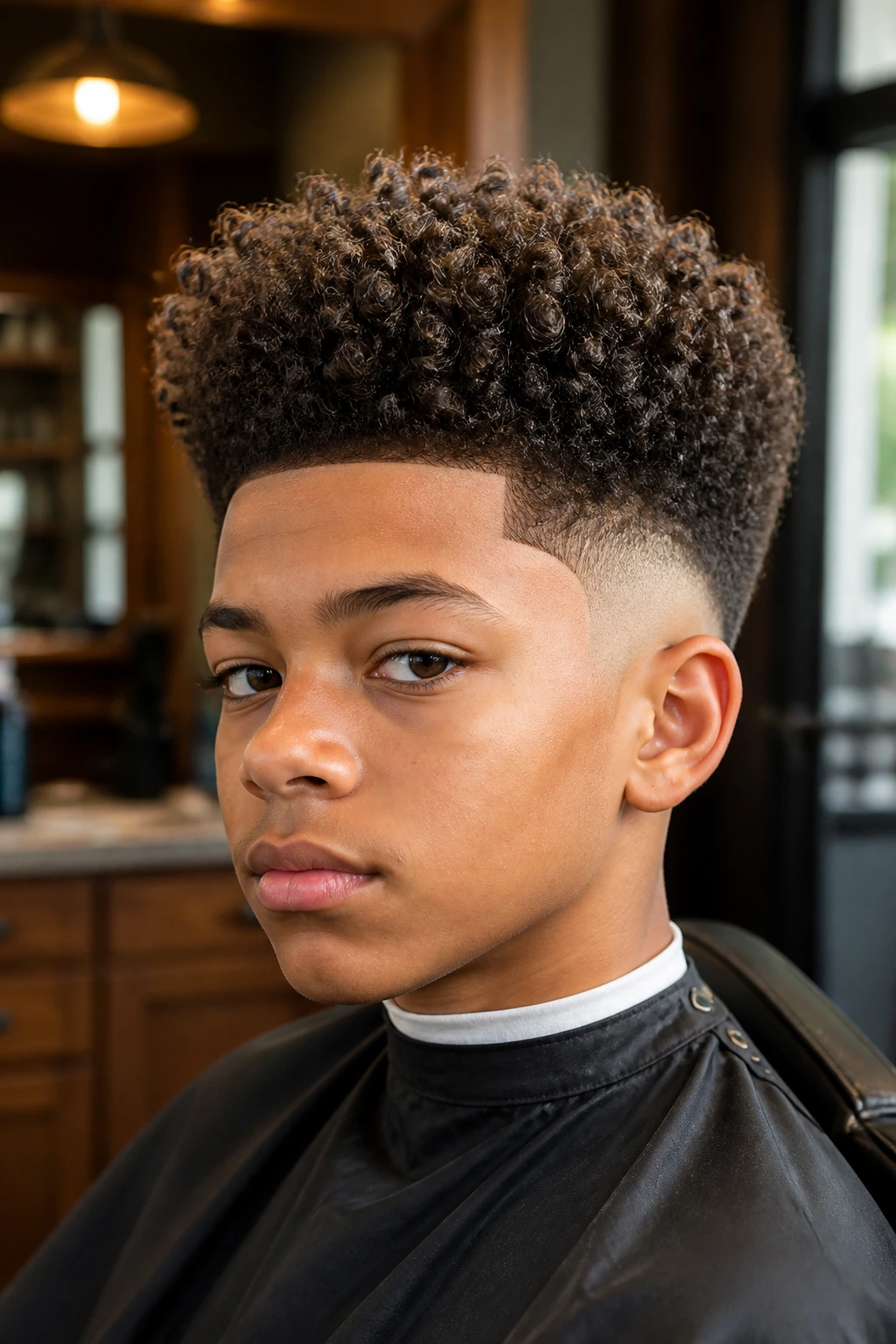Close-up portrait of a real boy with a high top curly hairstyle and tapered fade