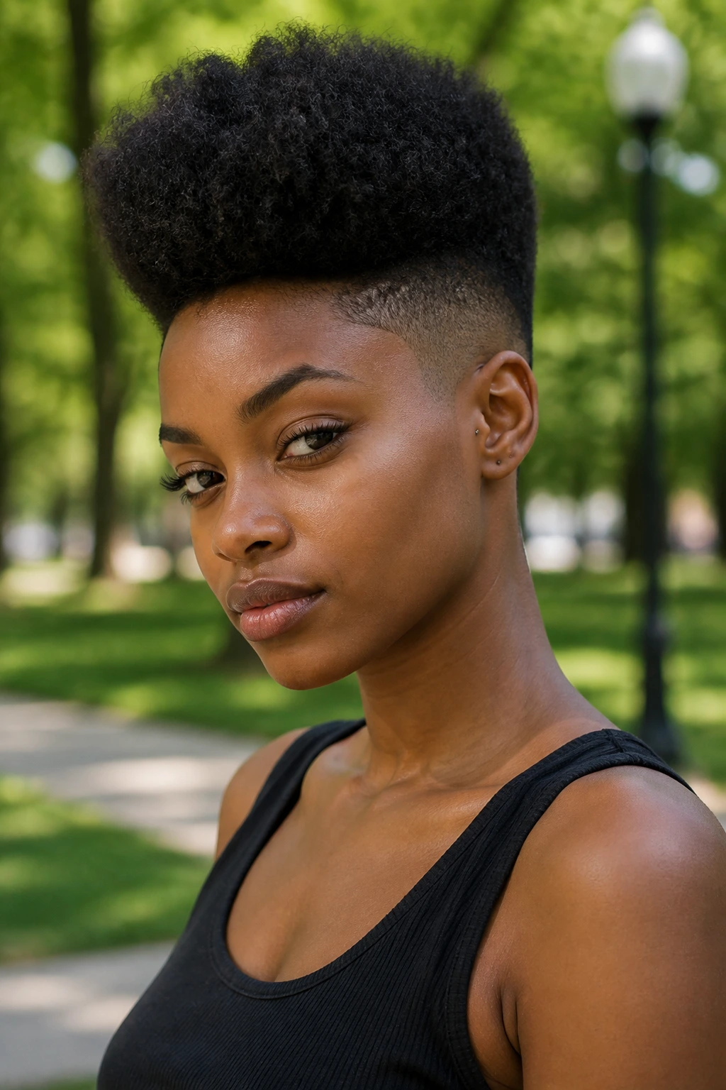 Portrait of a real person with a high-top fade and natural curl texture.