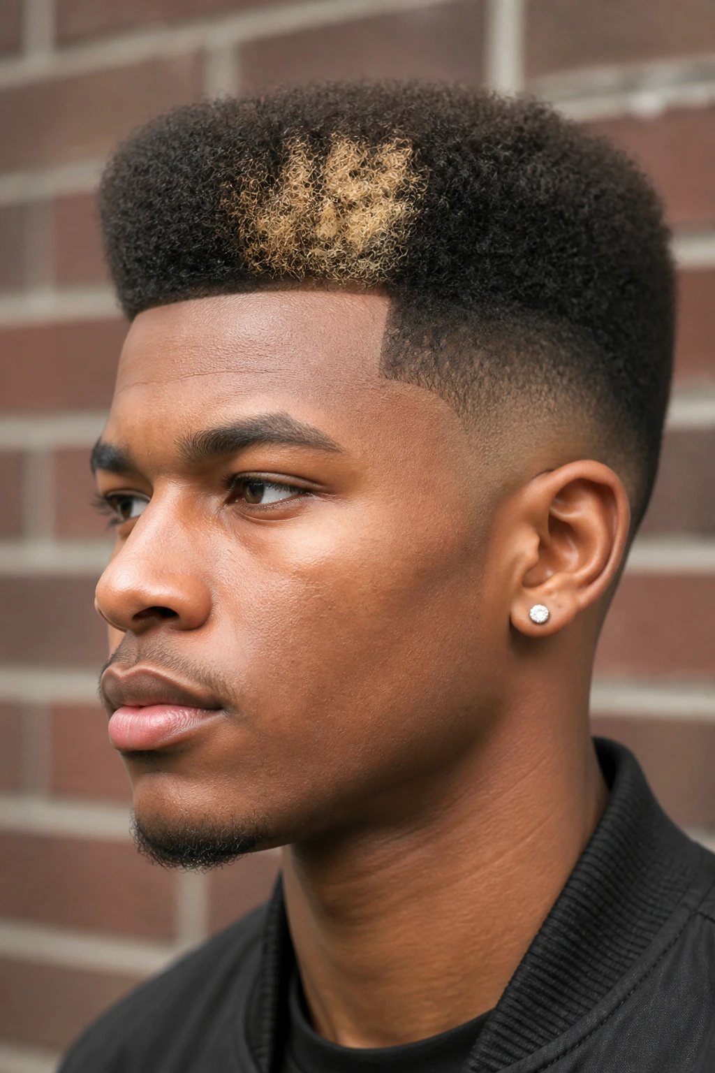 Close-up portrait of a real Black man with high top fade and blonde money piece highlights