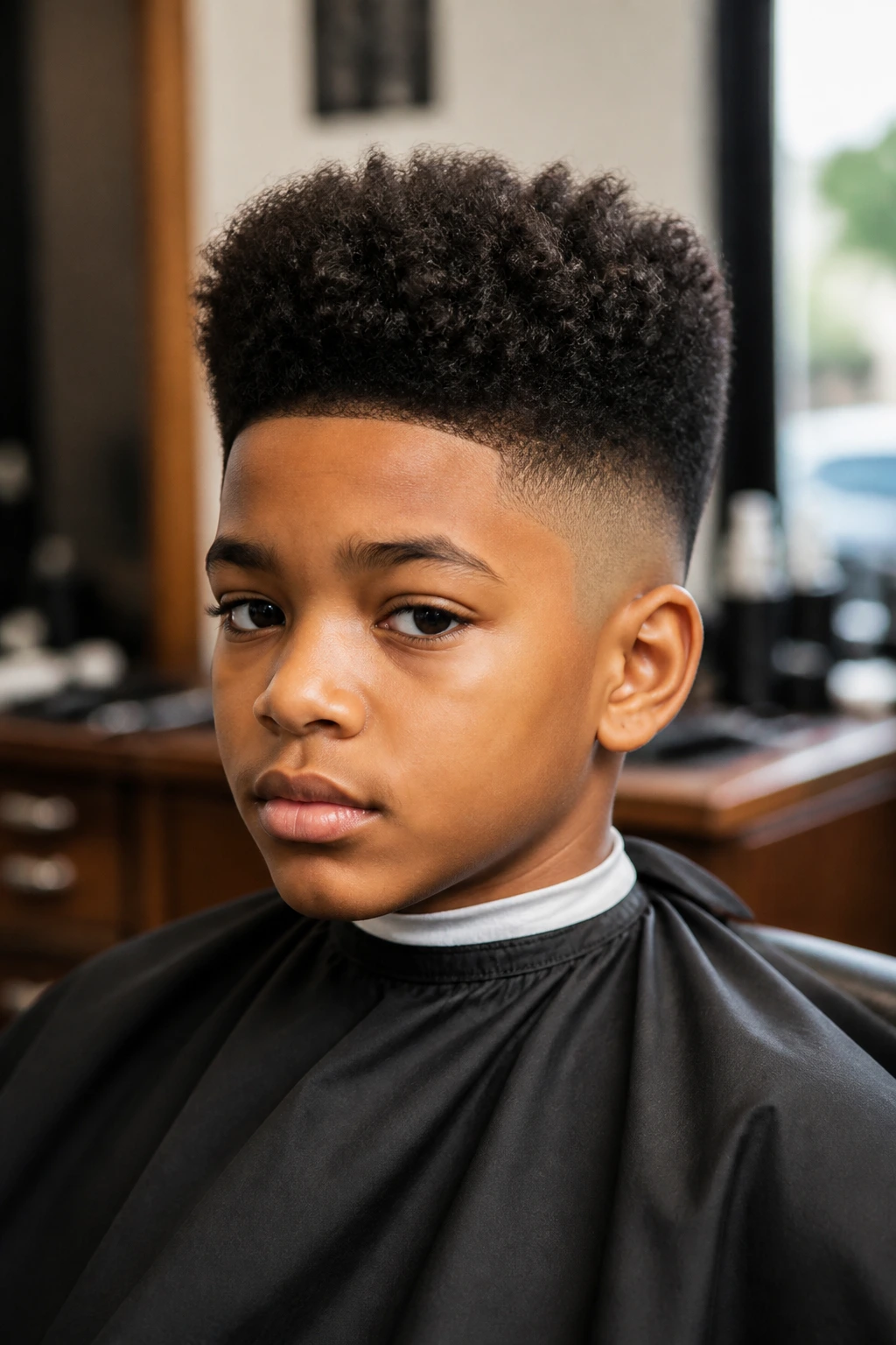 Close-up of real boy with high-top fade and curly top in barbershop setting