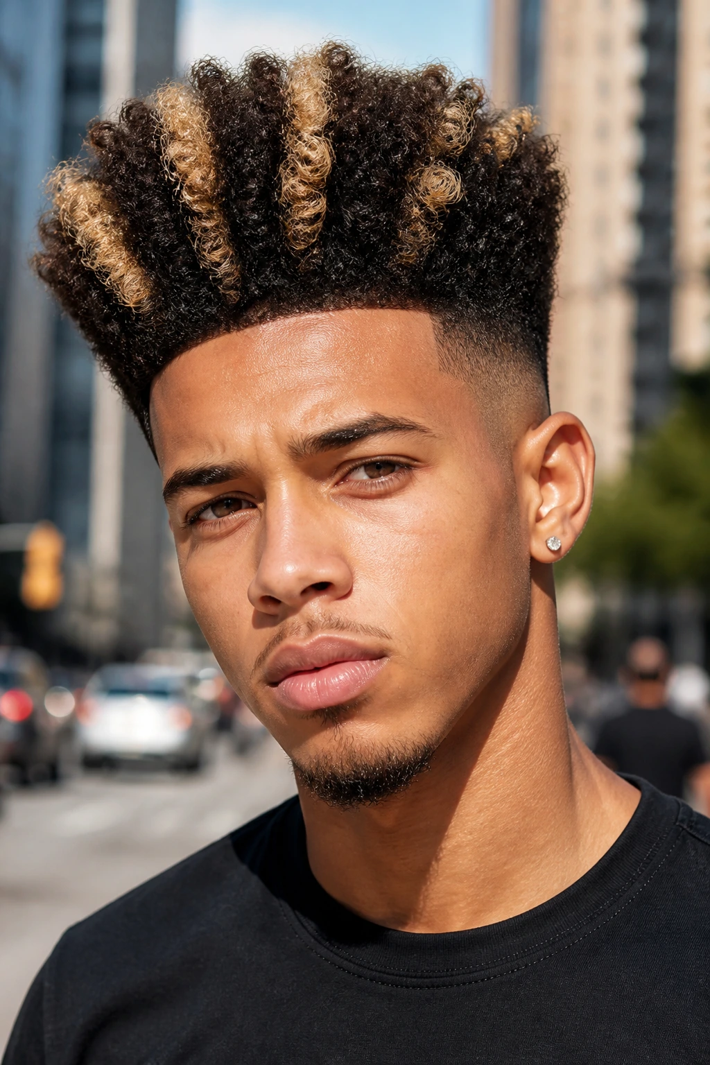 Portrait of a person with a curly high-top and wheat blonde panels