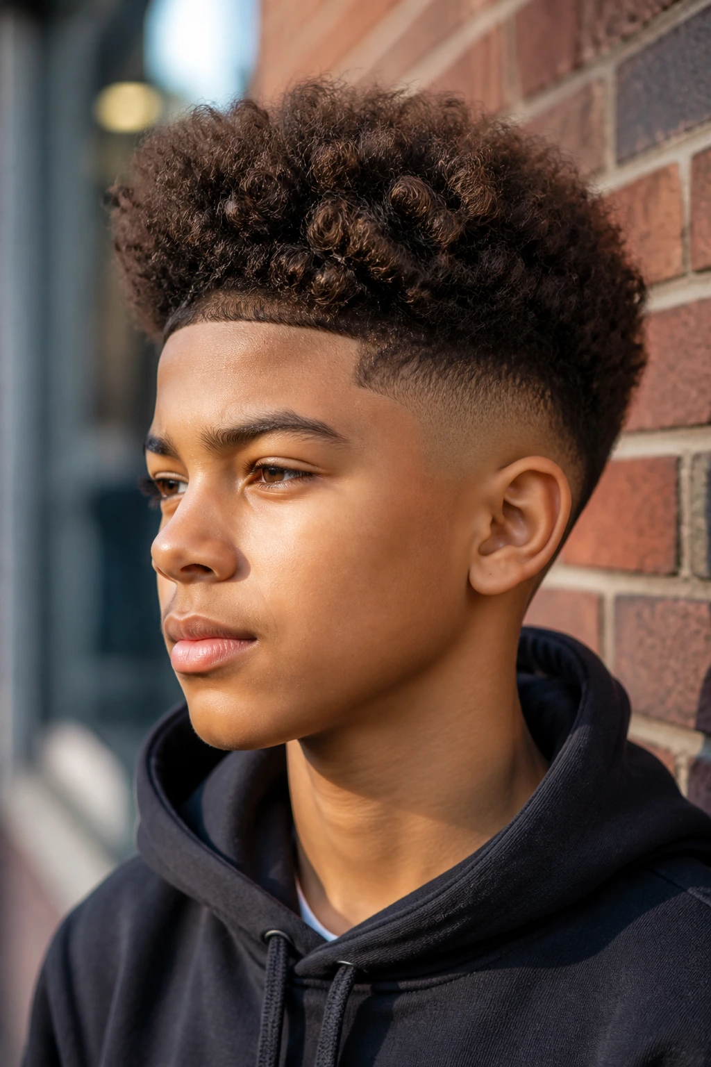 Portrait of a preteen boy with a high-top fade and curly stand-up curls