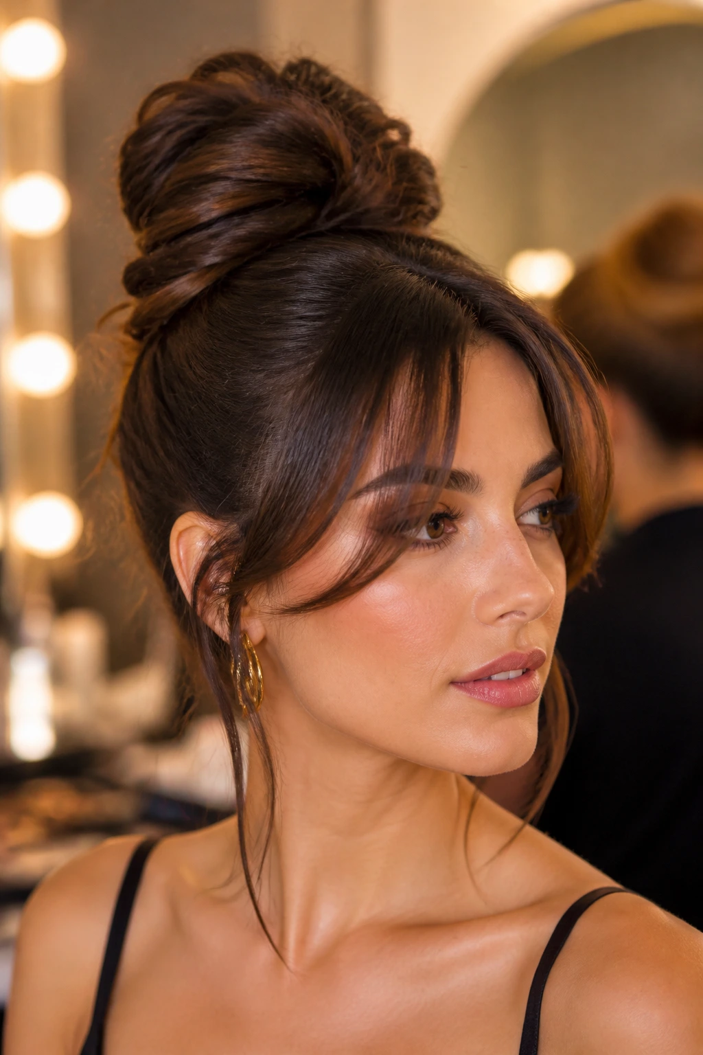 High twist bun on real person with curtain bangs
