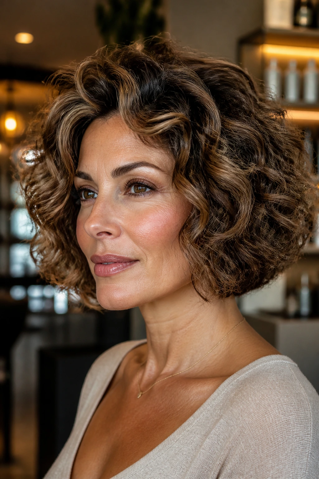 Close-up of a real woman with a high-volume bob and cocoa lowlights