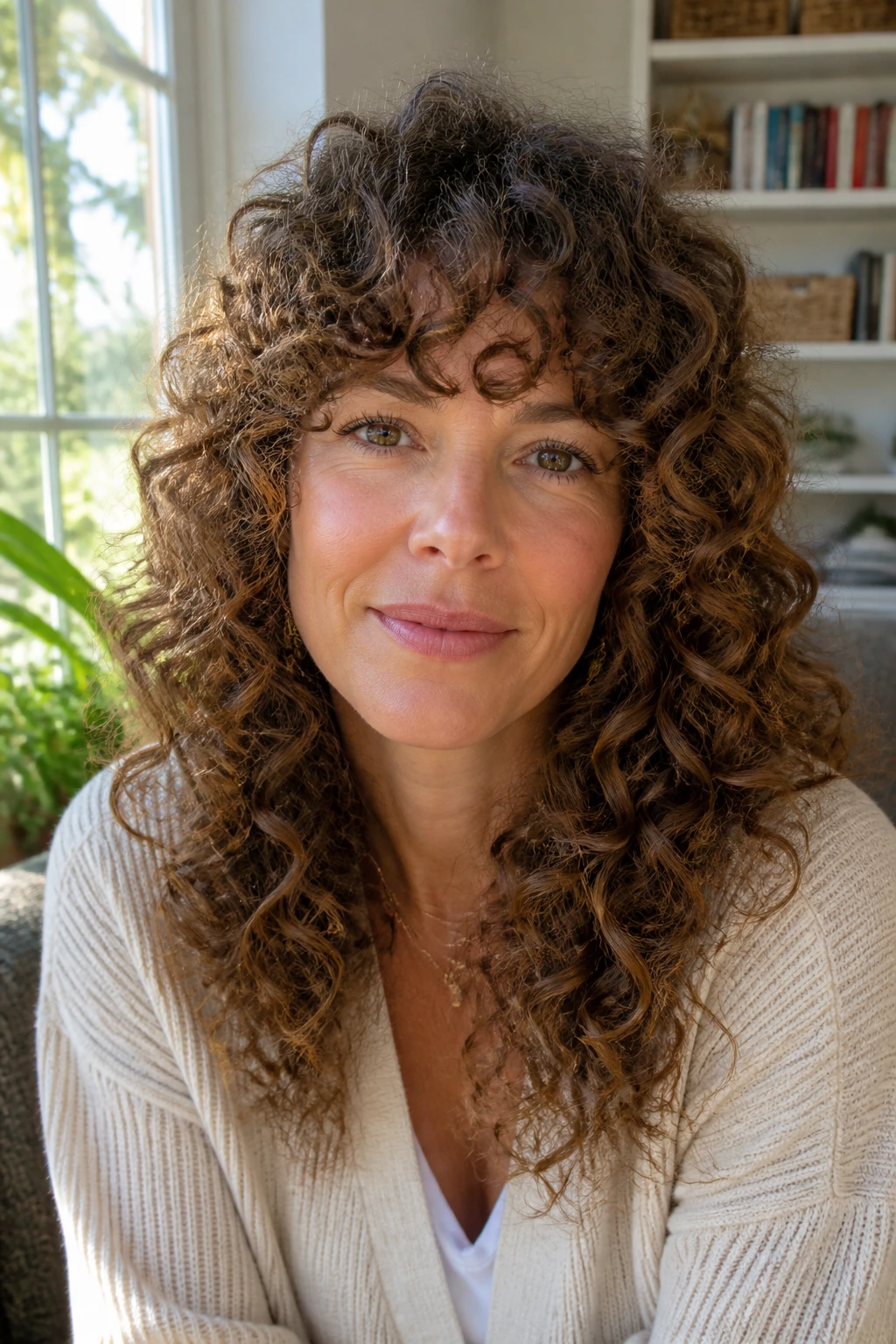 Close-up of dense curls with high-volume fringe on a real person
