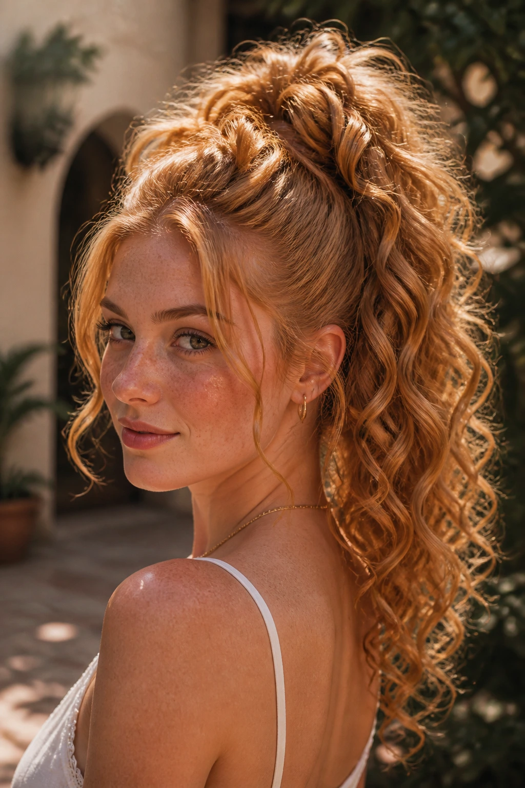 Woman with high-volume strawberry blonde ponytail