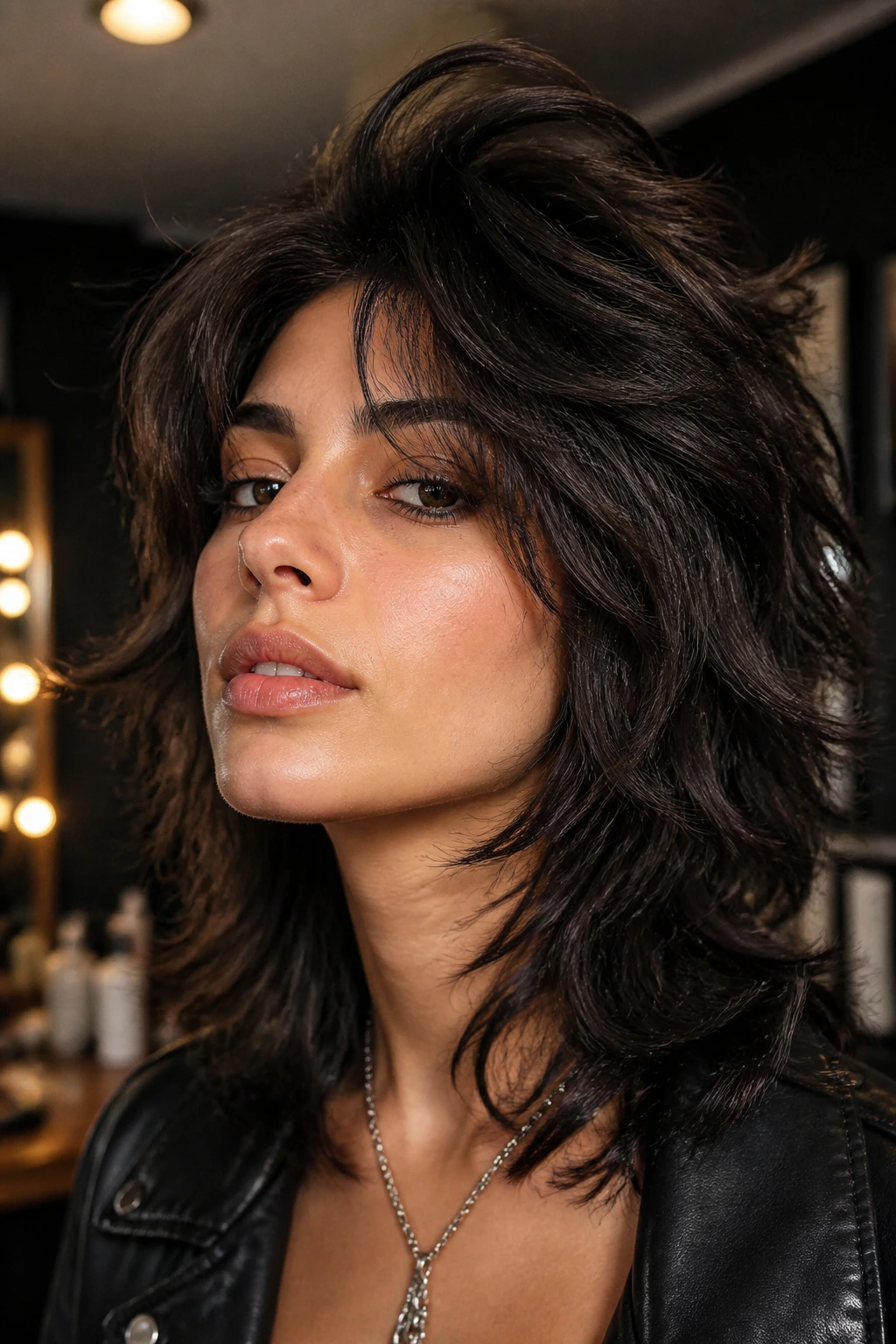 Real person with high-volume rocker shag showing crown lift and directional layers.