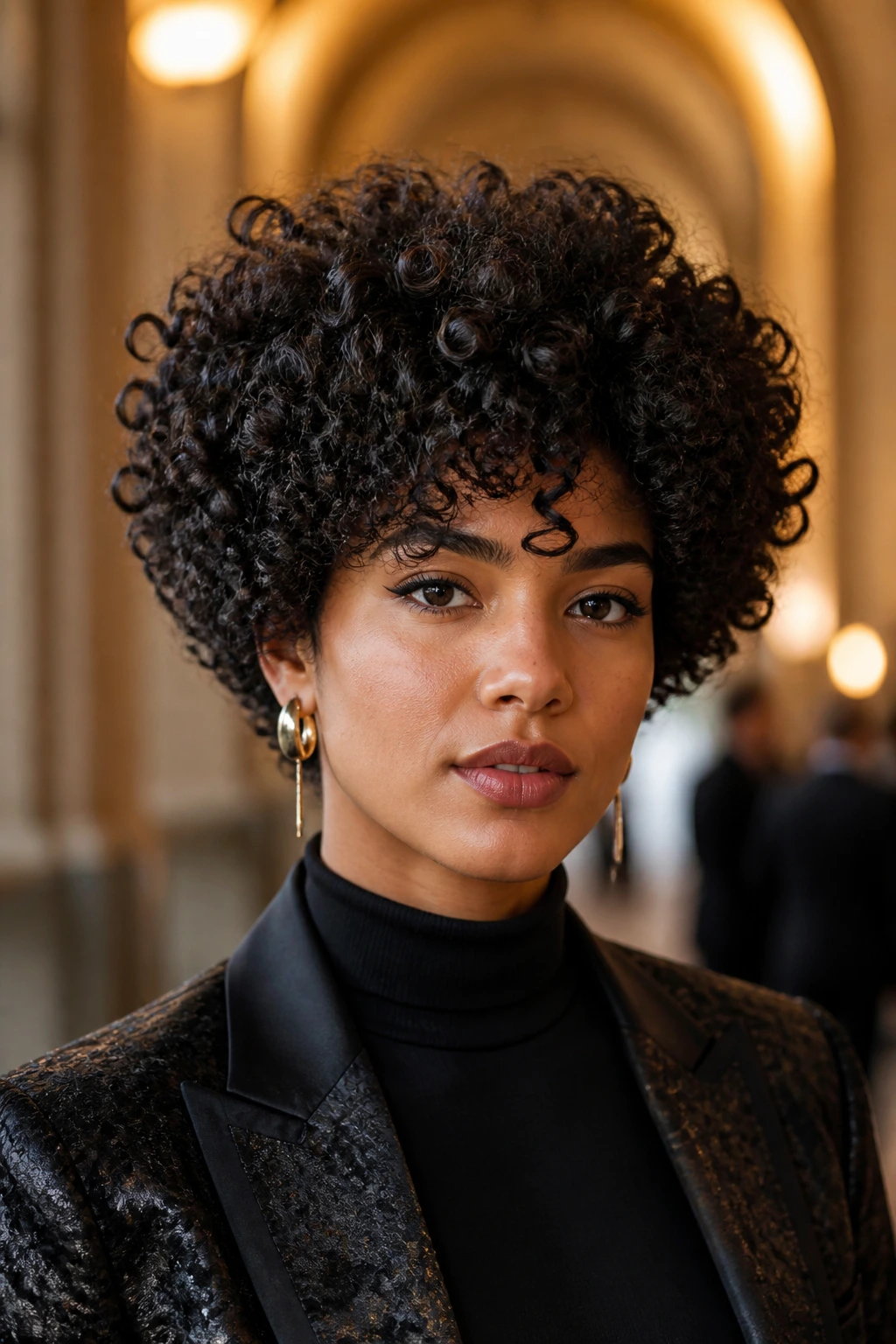 Close-up portrait of a real person with a high-volume round curly cut.