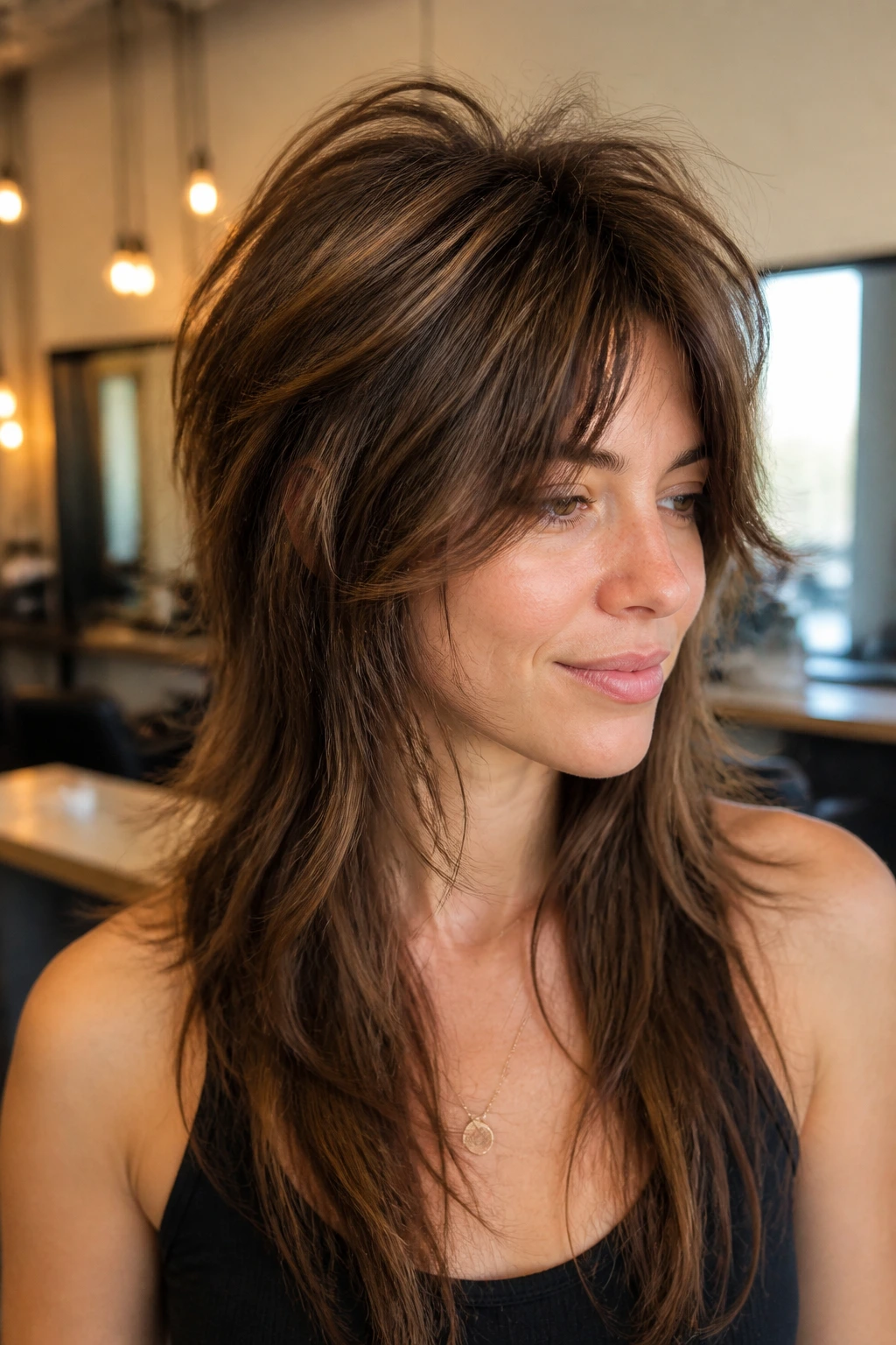 Medium close-up of a real woman with high-volume crown shag in a salon setting.
