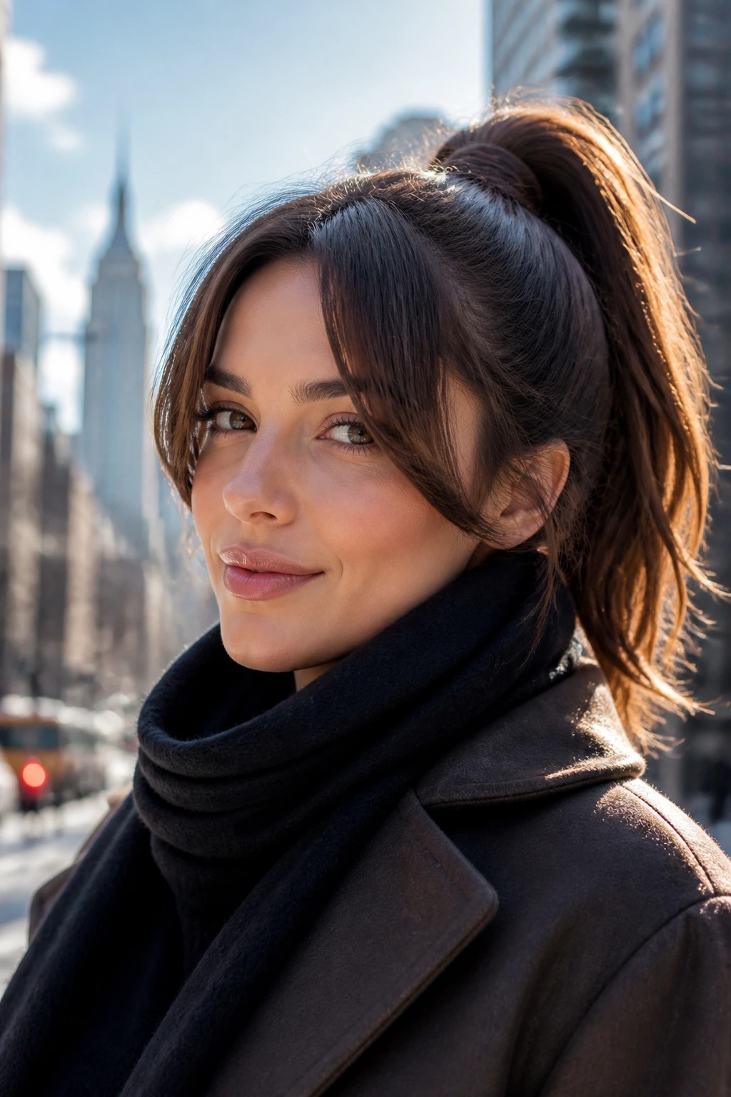 Close-up of a real woman with a high wrapped ponytail and curtain bangs against a winter city backdrop