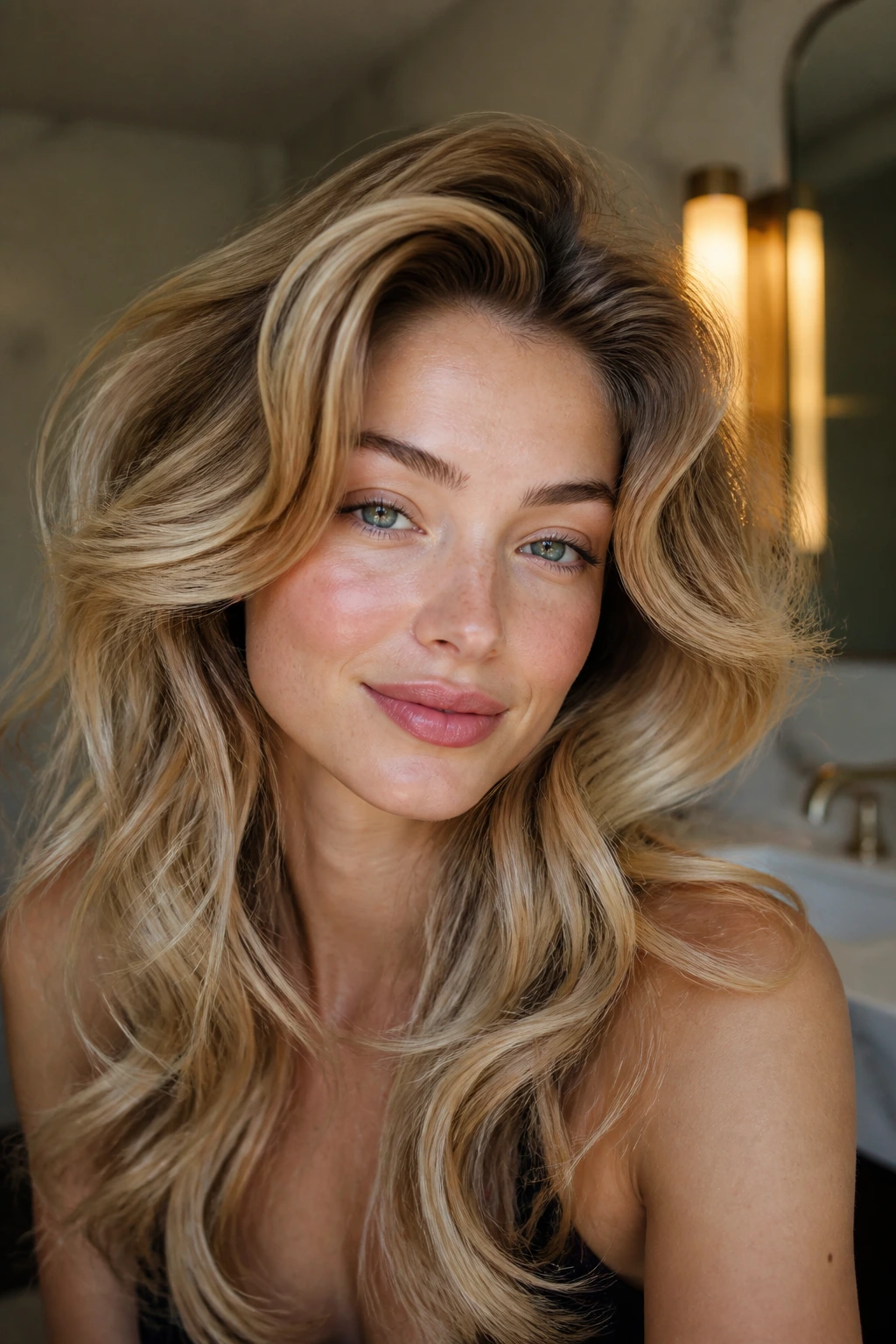 Close-up of a real woman wearing high-lift blowout bangs with swept sides