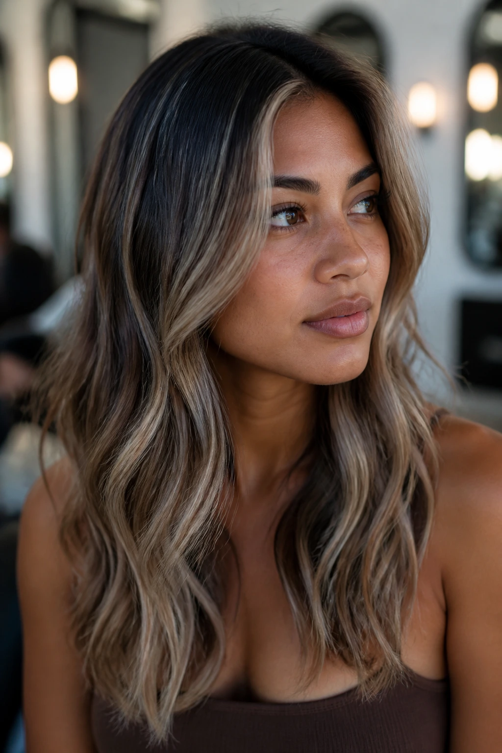 Real person contemplating highlight options with ash beige tones