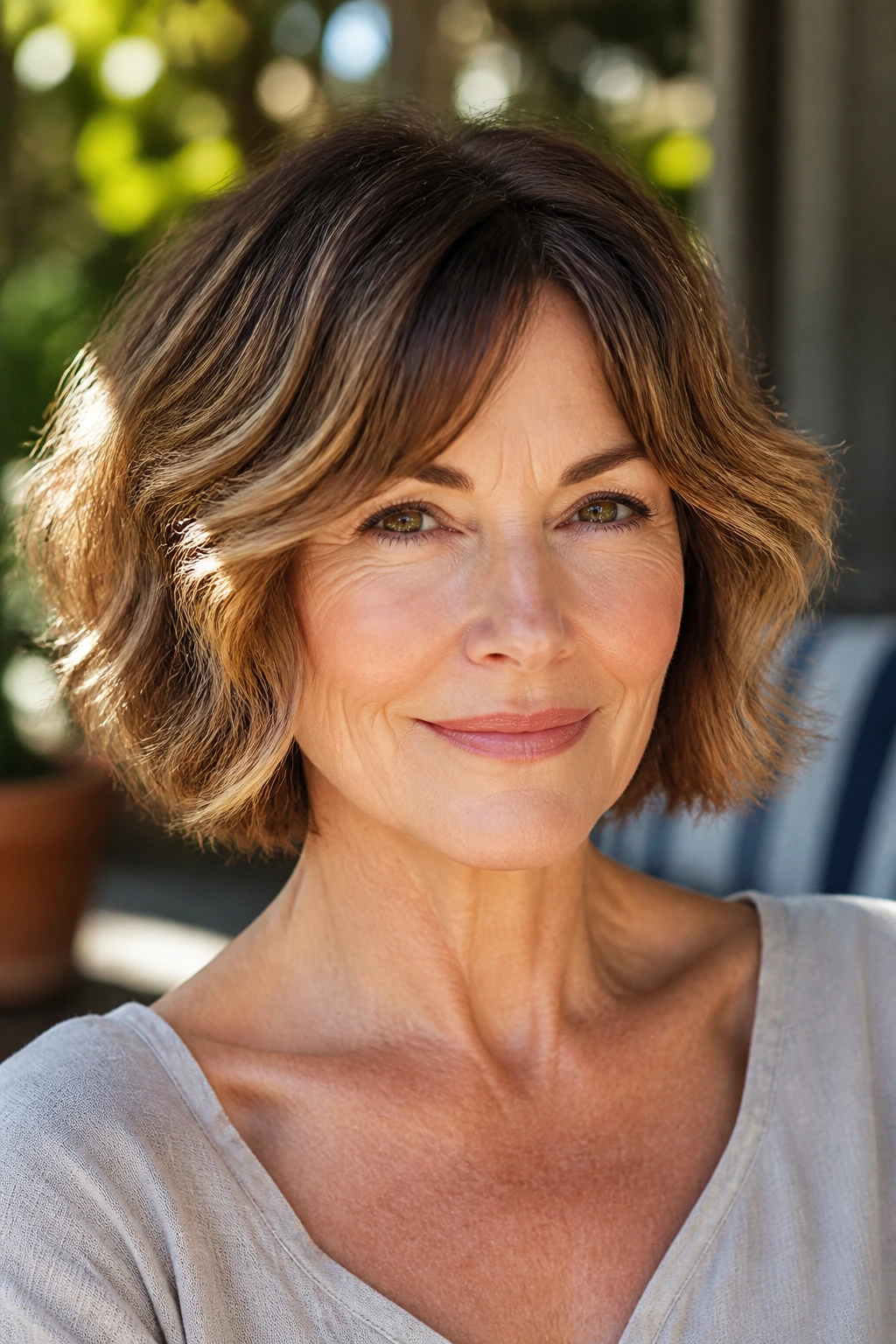 Real woman with highlighted cheek-focused bob in garden sunlight
