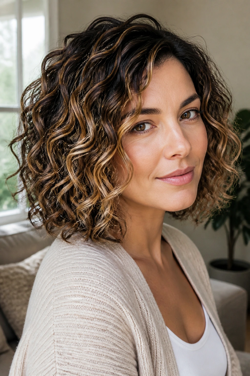 Close-up portrait of a real woman with highlighted curly lob and defined curls in soft window light