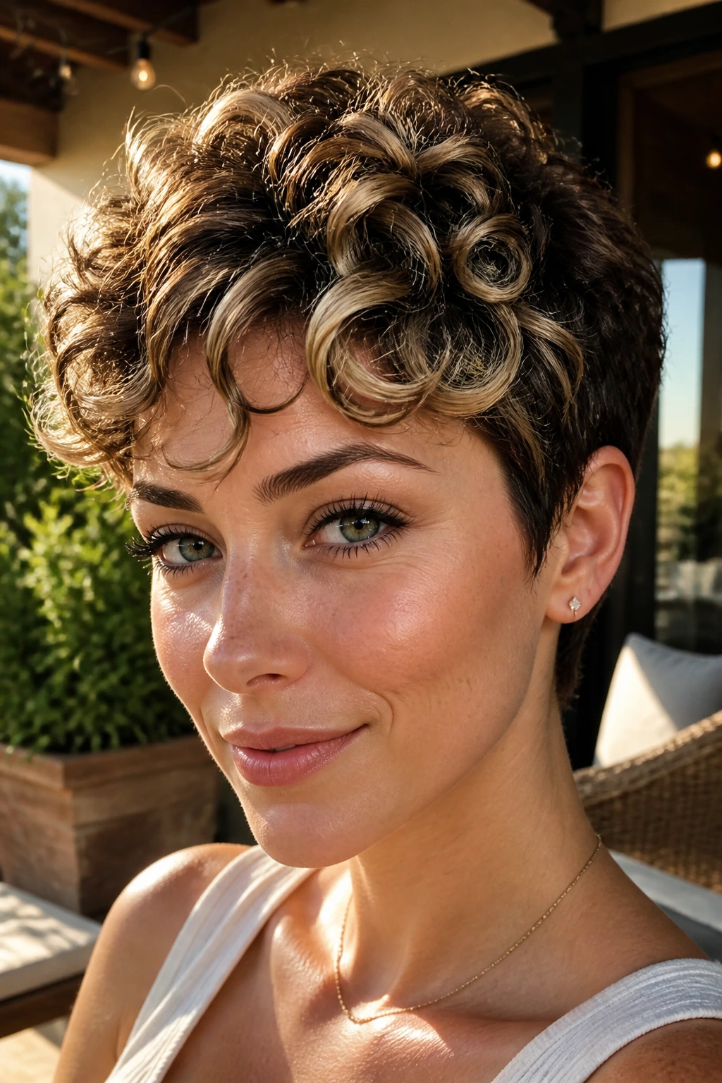 Portrait of a real woman with highlighted curly pixie showing ribboned dimension in sunlit background.