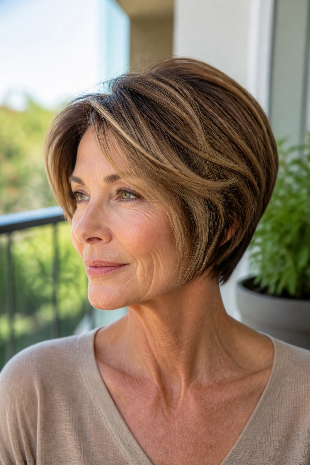 Close-up of a real woman with highlighted wedge and dimensional color