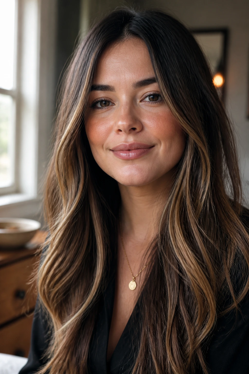 Close-up portrait of a real woman with long highlighted hair balancing a round face