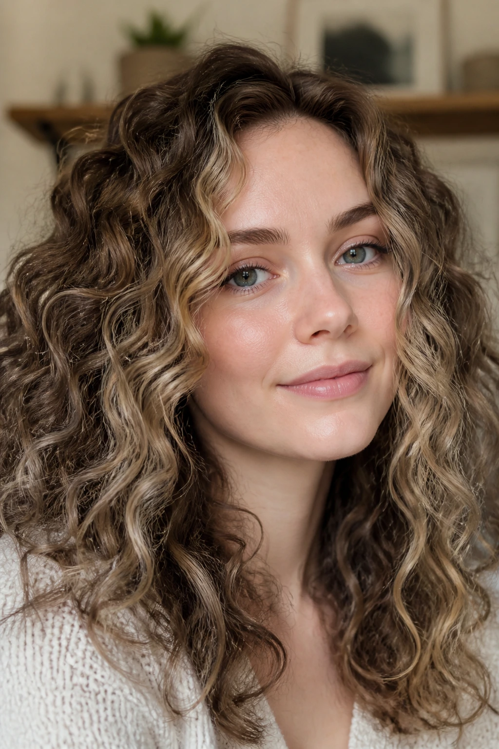 Portrait of a real person with varied highlights across curls for different commitment levels