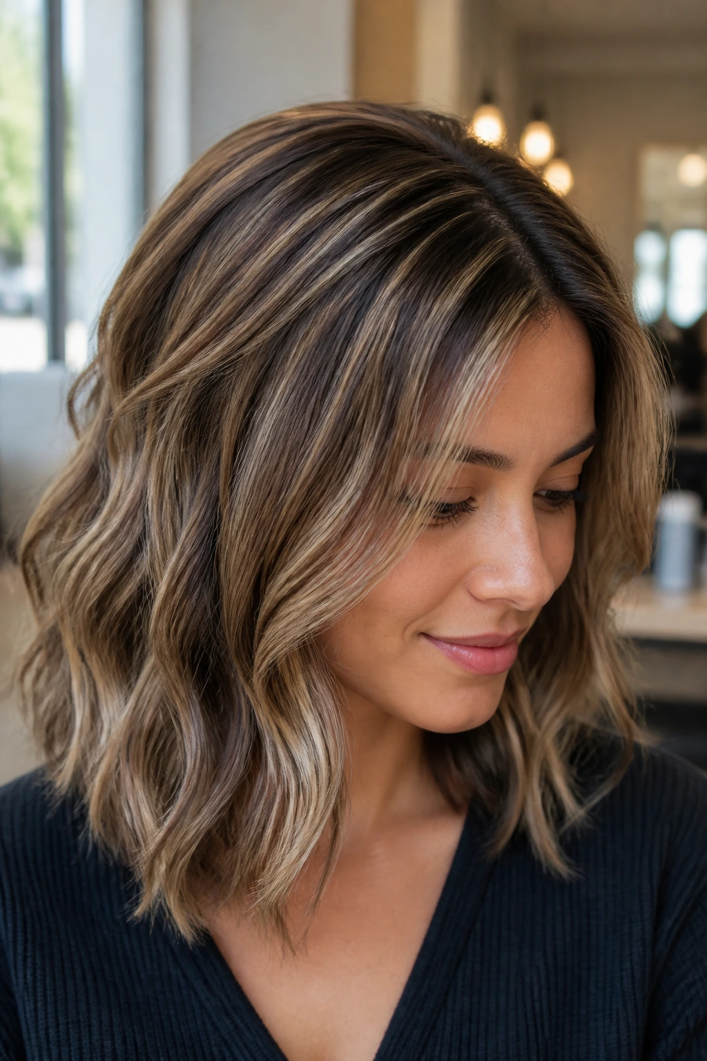 Close-up of highlights integrated with a real person's haircut