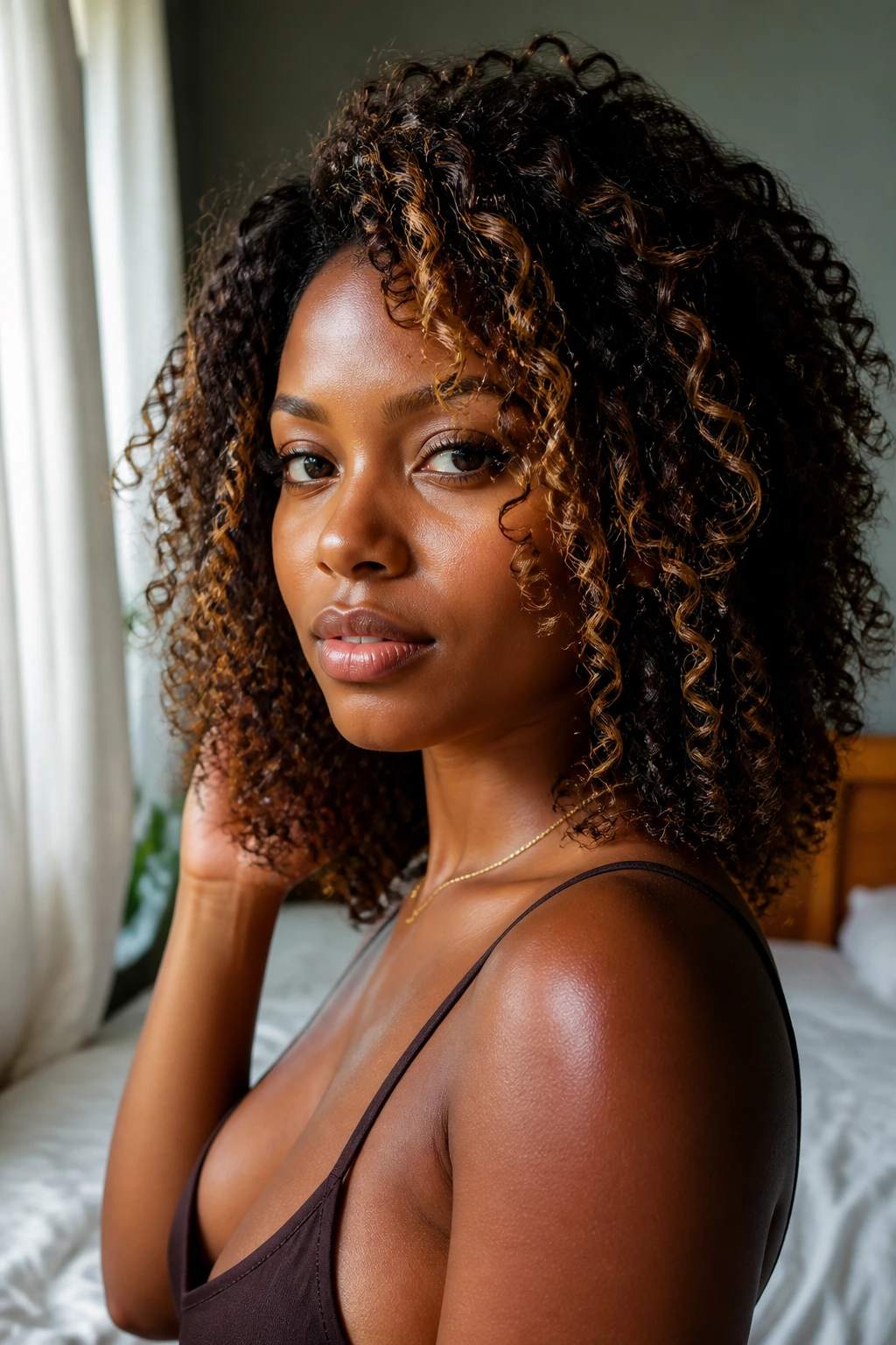 Close-up portrait of a real woman with curly hair showing ribbon highlights around the front in warm window light