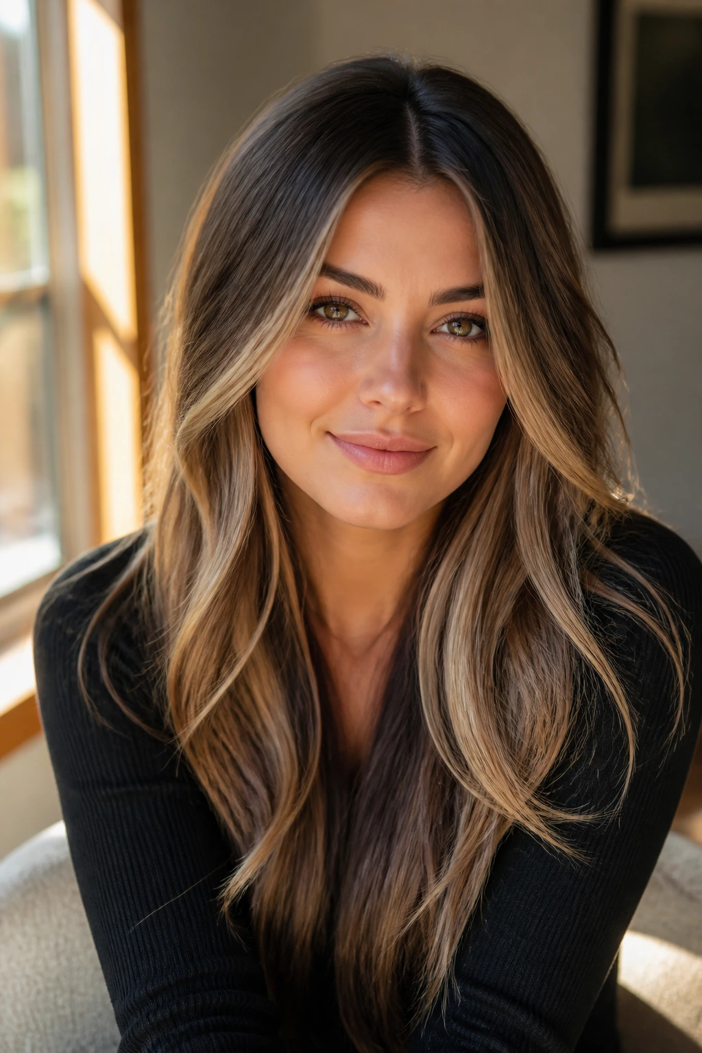 Portrait showing downward-traveling highlights on long hair
