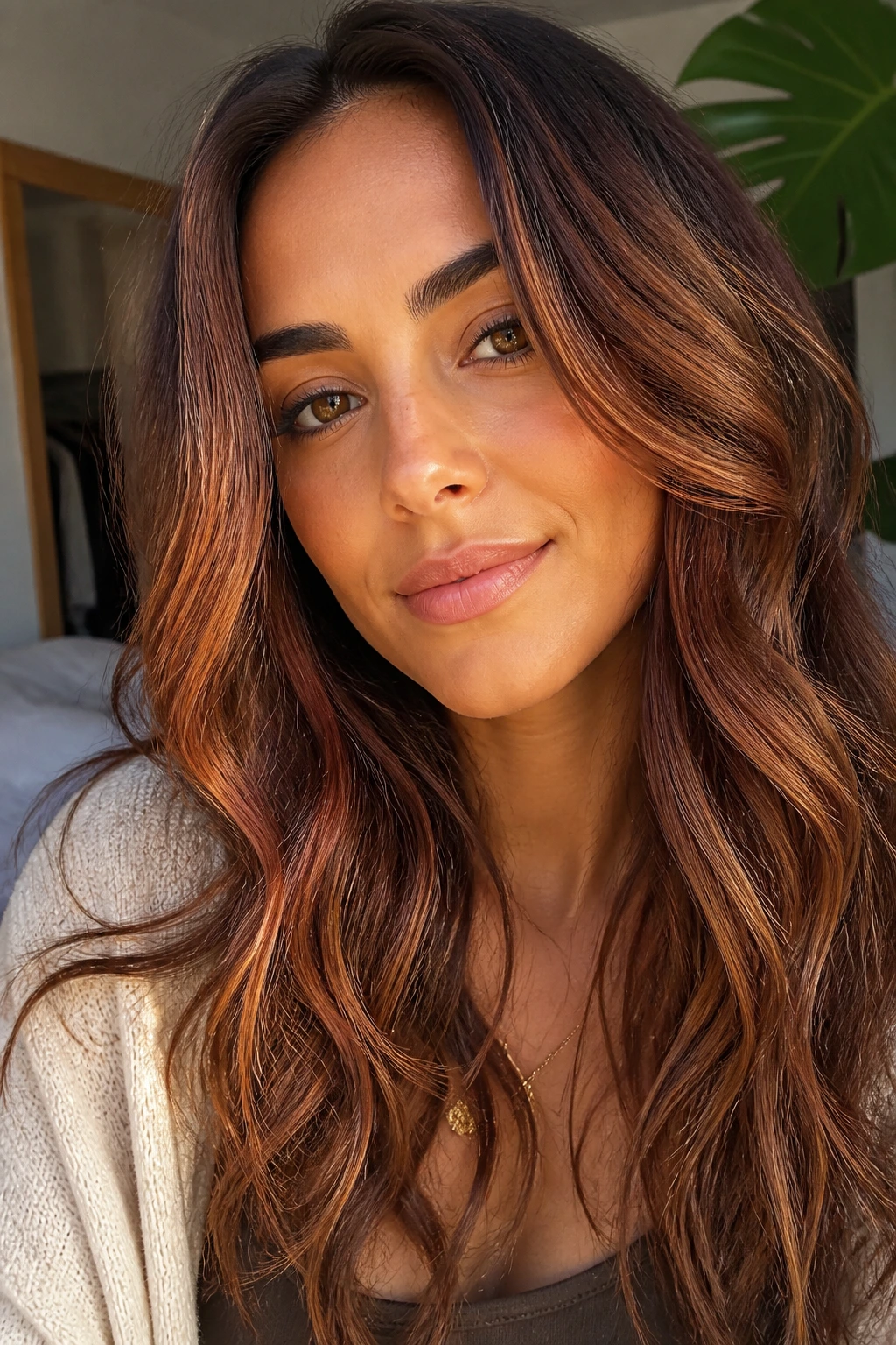 Portrait of woman with highlighted hair showing cinnamon caramel copper tones in loose waves