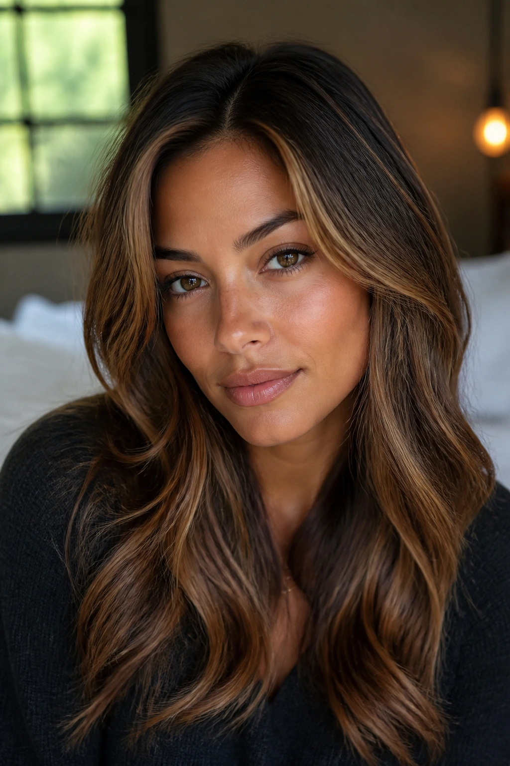 Close-up of a woman with warm honey caramel bronze highlights framing the face.