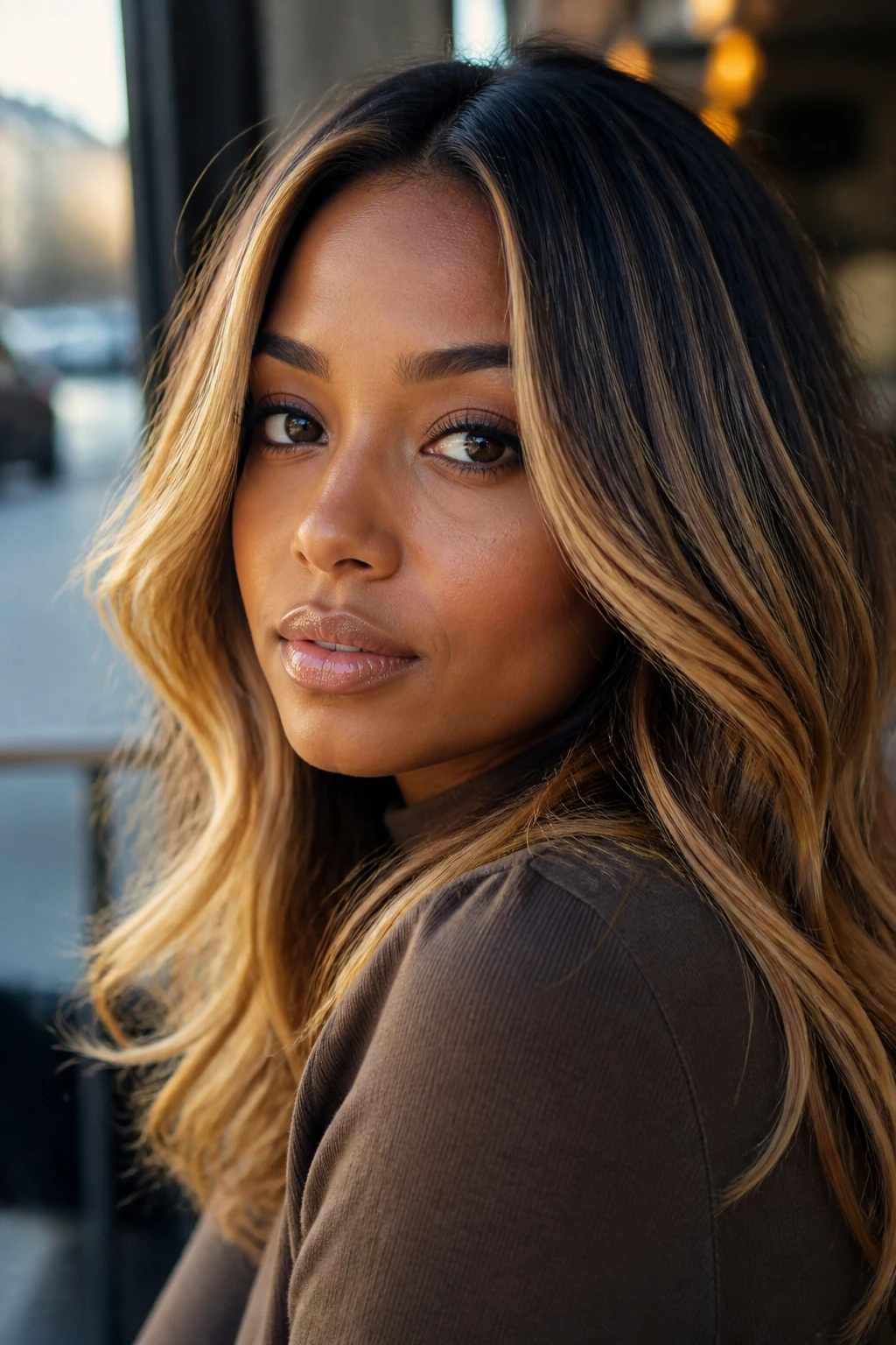 Medium close-up of a real woman with honey-blonde highlights and dark roots
