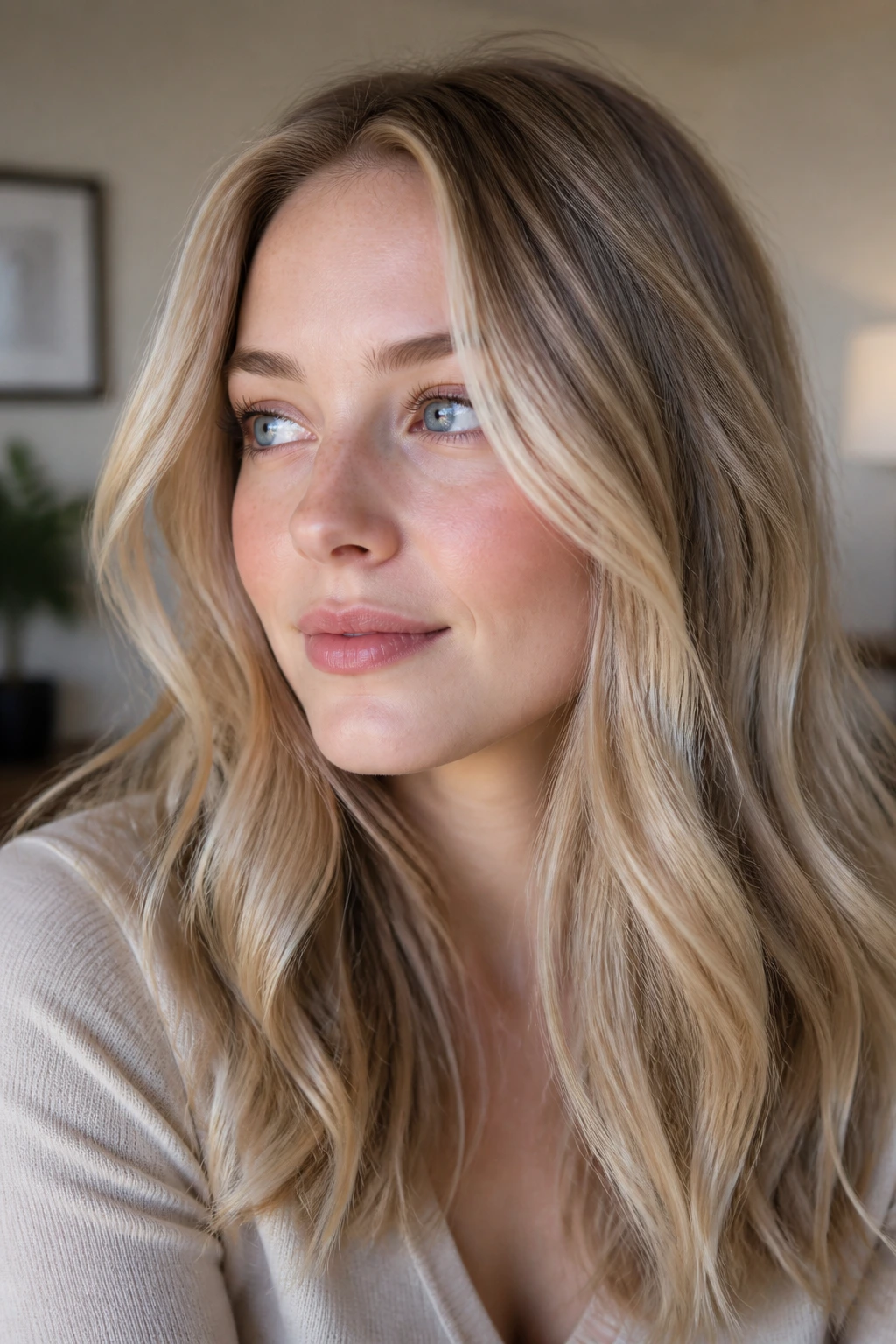 Portrait showing hair highlights and lowlights to shape pale skin