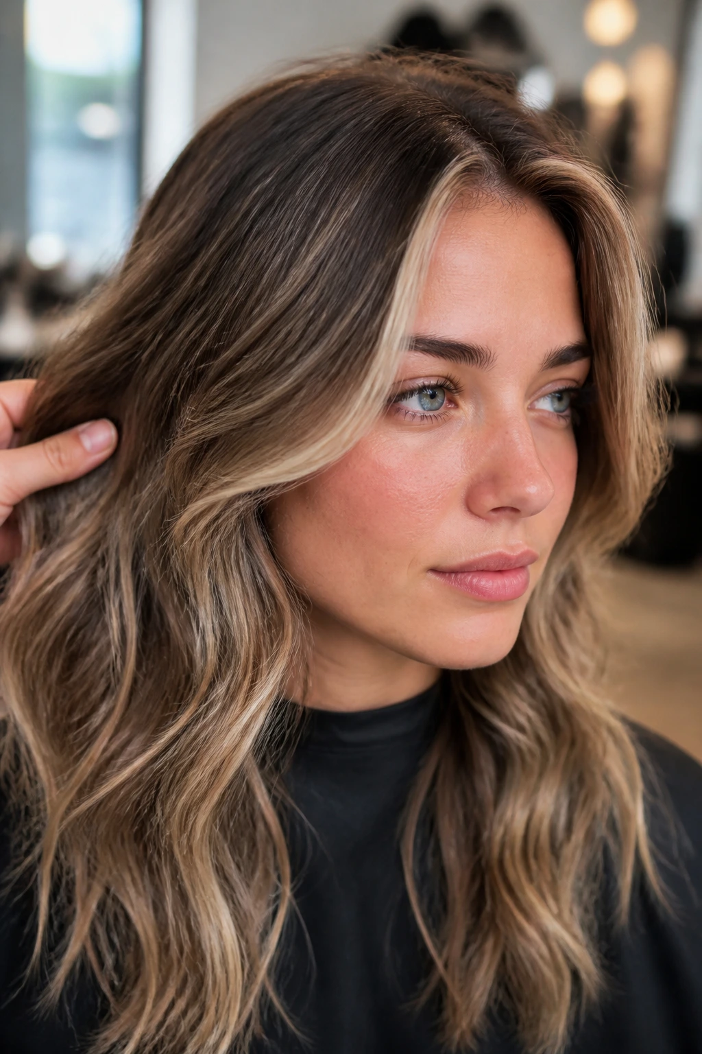 Close-up of a real person's hair showing highlight pattern around the face in a salon.
