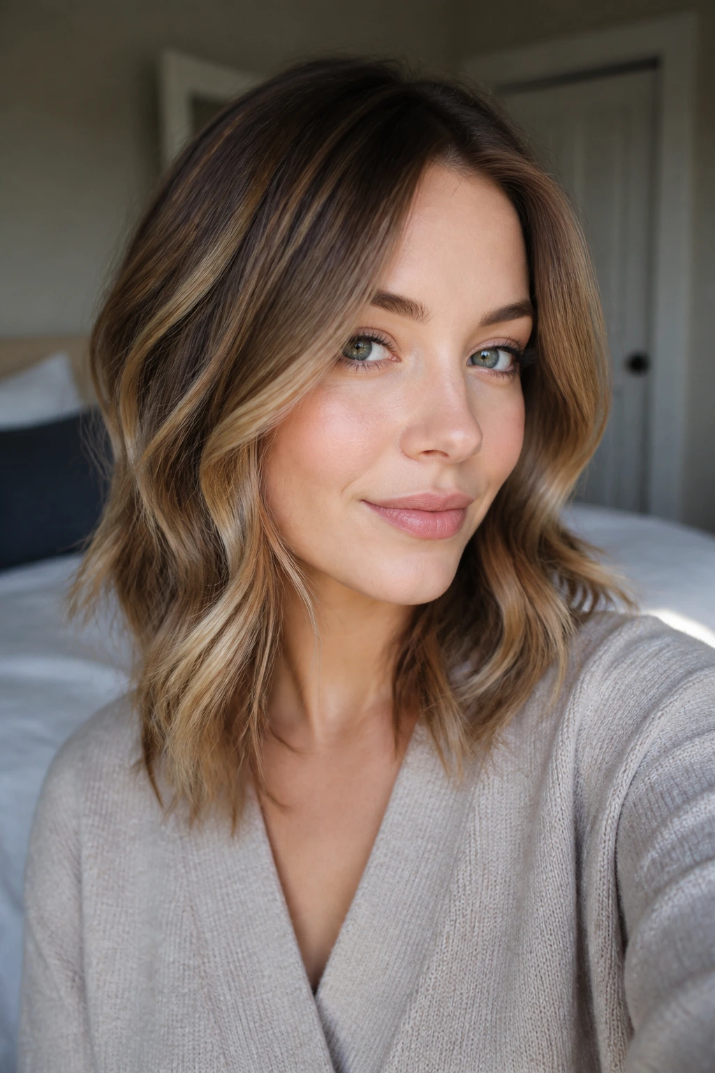 Close-up portrait of a woman with dark blonde highlights and soft waves in natural window light