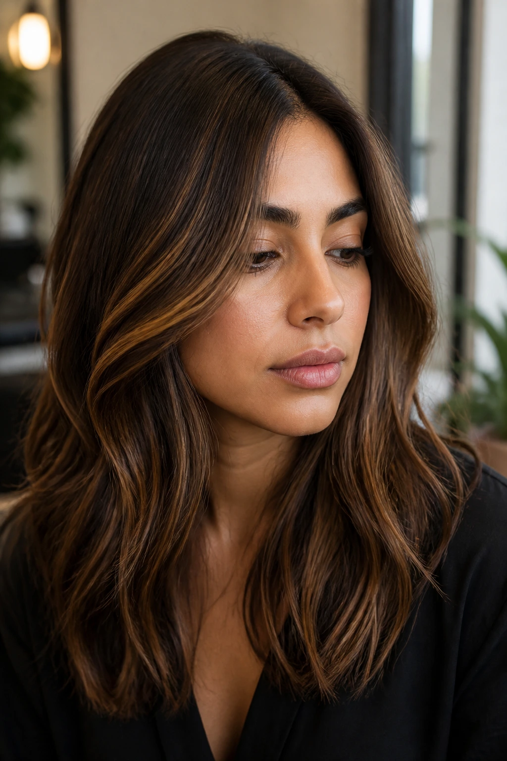 Close-up of a person with caramel brown highlights matching medium skin undertones.
