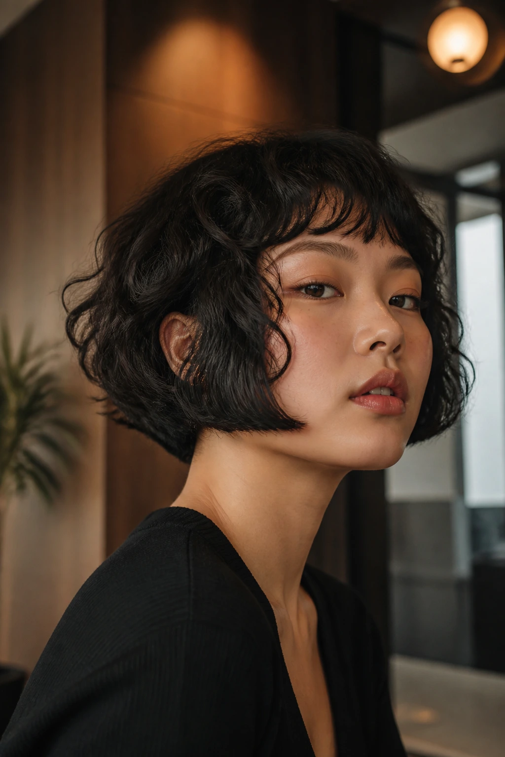 Close-up of a real woman with a Hime bob and curly side panels