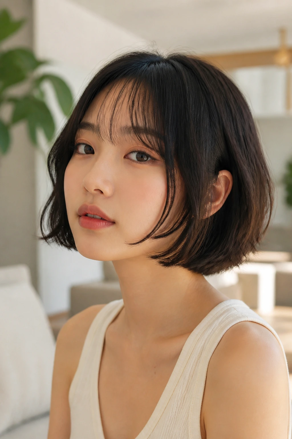 Real woman with Hime-inspired bob featuring airy side panels skimming cheeks.