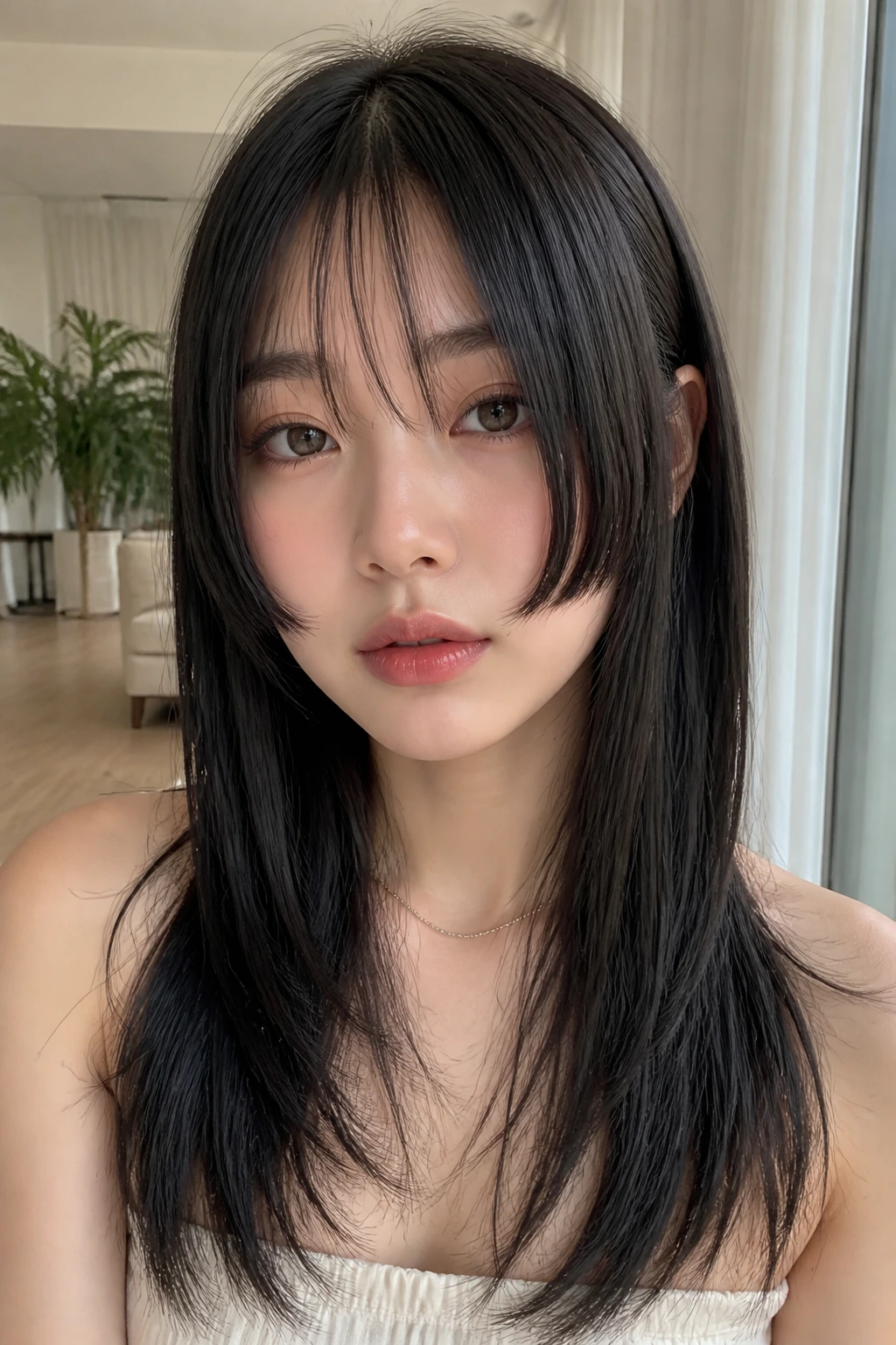 Close-up of a real woman with a modern Hime cut and wispy fringe