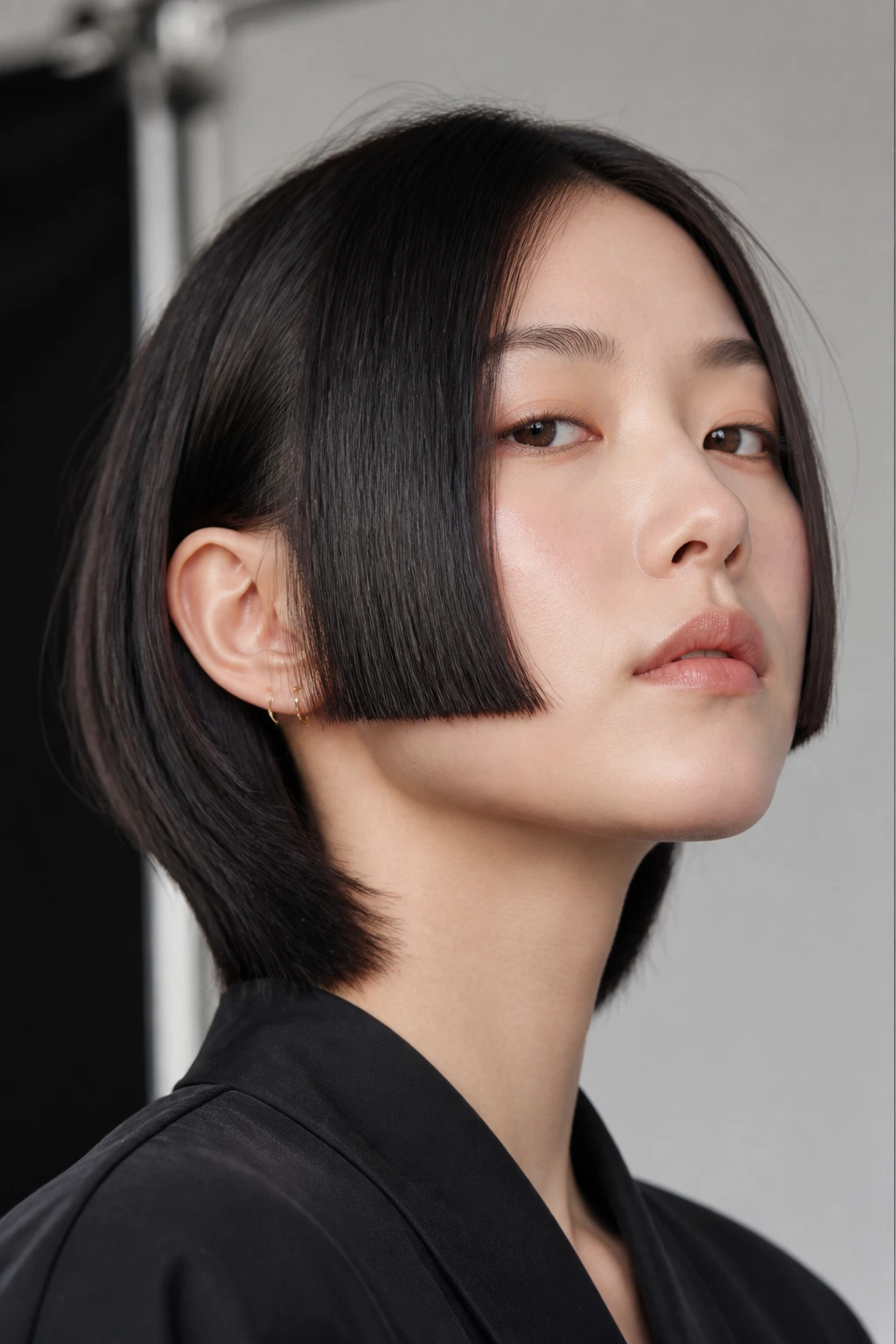 Close-up portrait of a real woman with a hime-inspired bob and crisp lines.