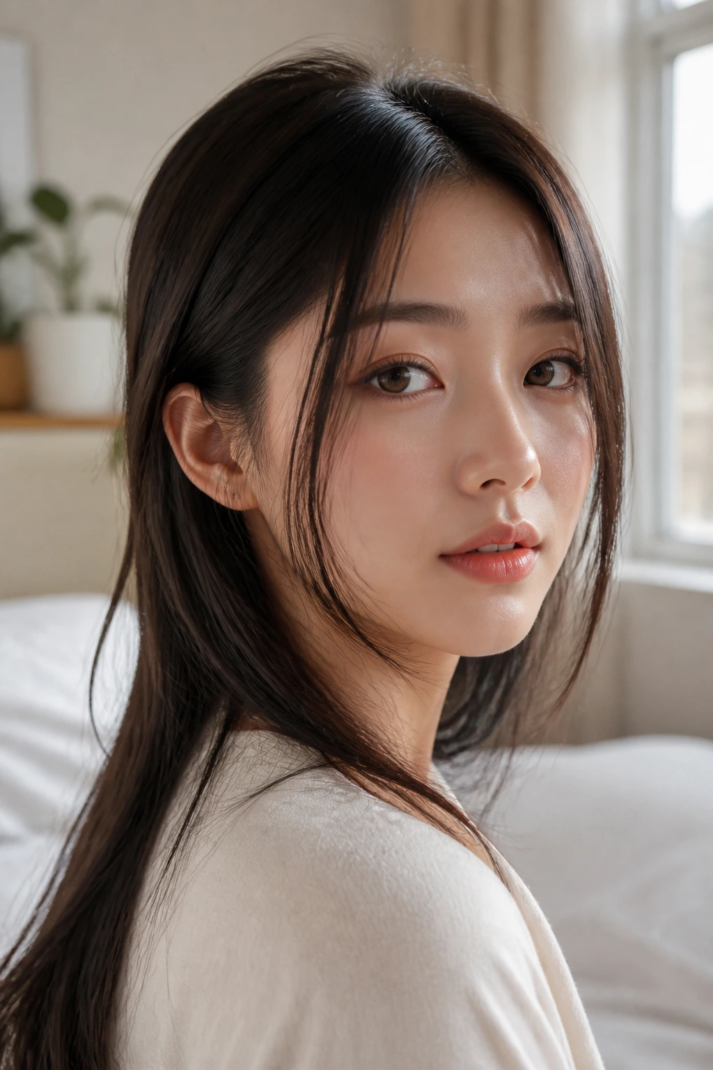 Close-up of a real woman with Hime-inspired soft face framing haircut